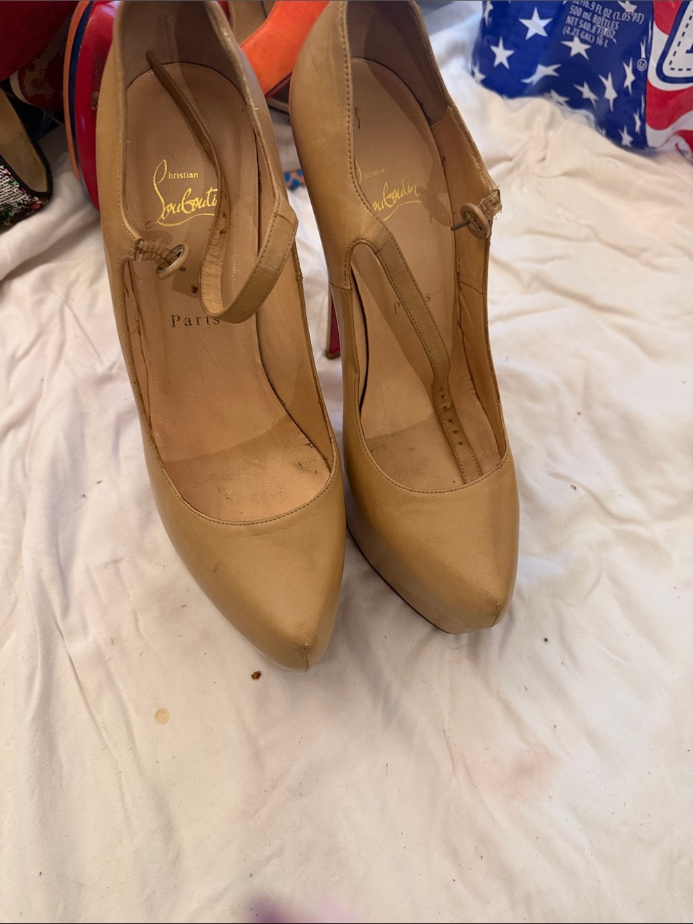 Christian Louboutin Beige Leather Mary Jane Pumps with Red Soles